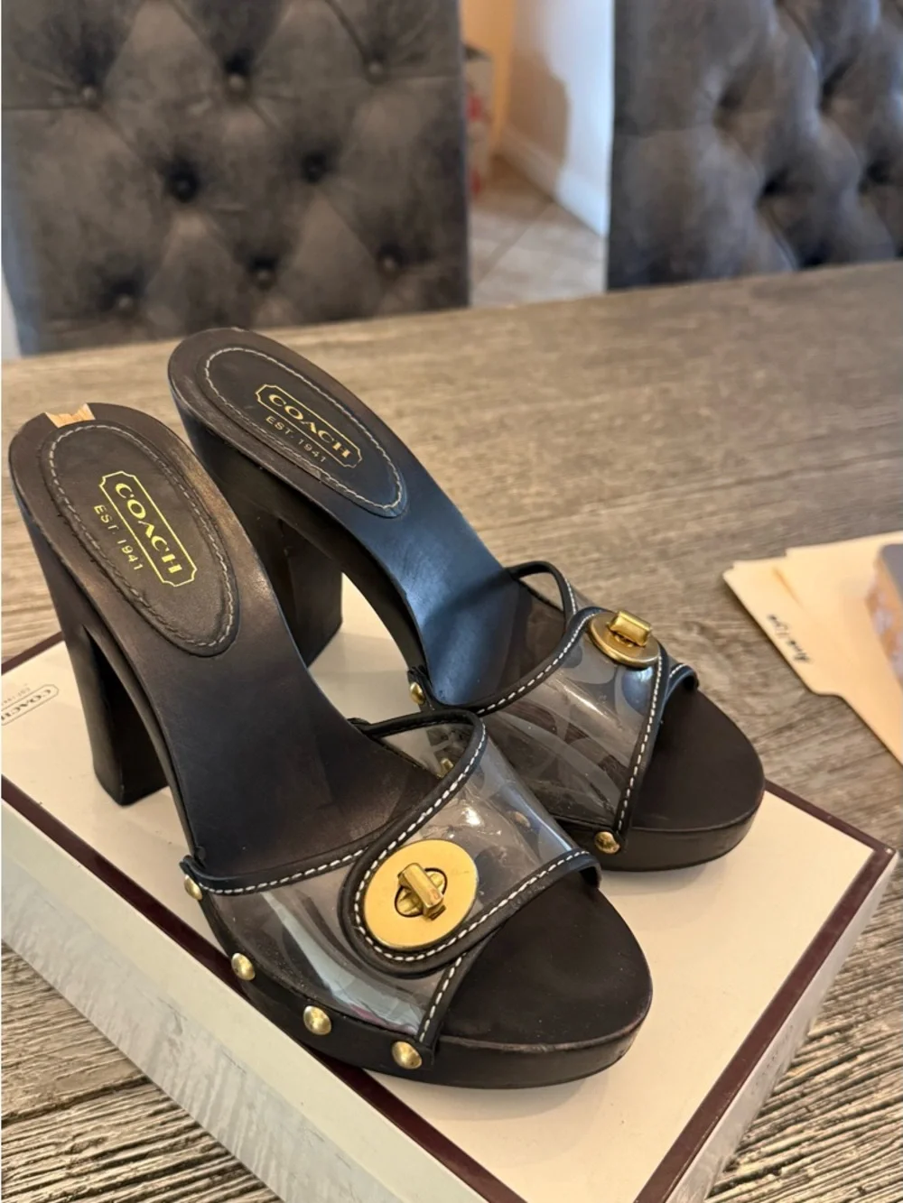 Coach Black Heeled Sandals with Clear Strap and Gold Hardware - Picture 2 of 4